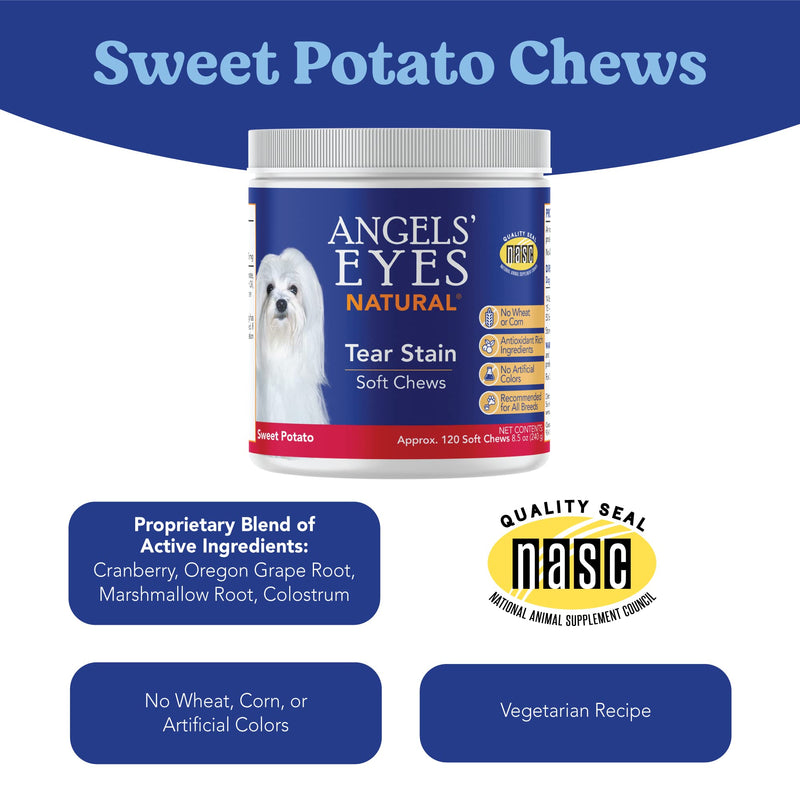 Angels’ Eyes Natural Tear Stain Prevention Soft Chews for Dogs | 120 ct Sweet Potato Flavor| For All Breeds | No Wheat No Corn | Daily Supplement | Proprietary Formula | Meat Free - BeesActive Australia