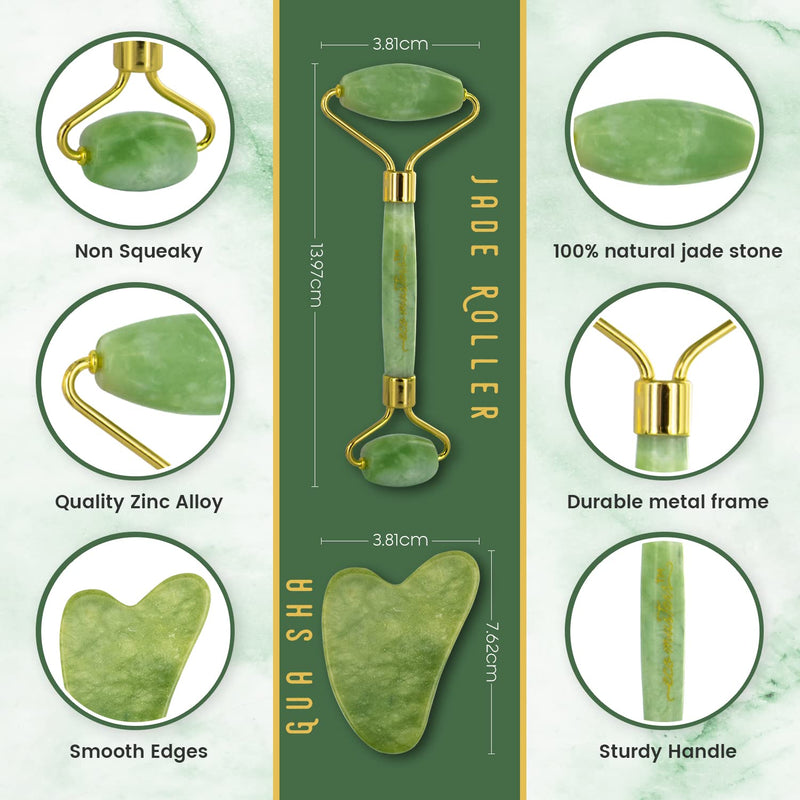 100% Real Jade Roller and Gua Sha Set - With Vitamin C Serum - Face Massager & Neck Massager � Anti-Ageing SkinCare Set for Eyes, Neck, Face Care � Jade Roller and Gua Sha Gift Set -For All Skin Types - BeesActive Australia