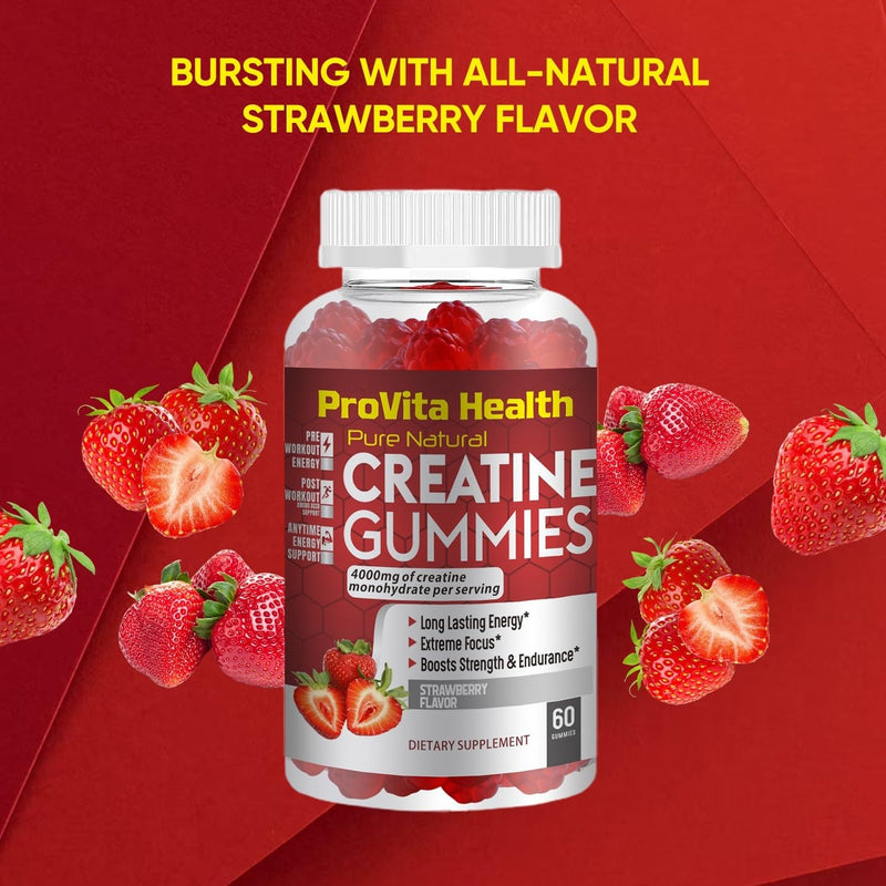 ProCreatine Monohydrate Gummies 4000mg for Men & Women - 60 Chewable Creatine Gummies Strawberry Flavoured Creatine | Pre Workout Gym Supplement| Keto | Vegan | (1 Month Supply) - BeesActive Australia