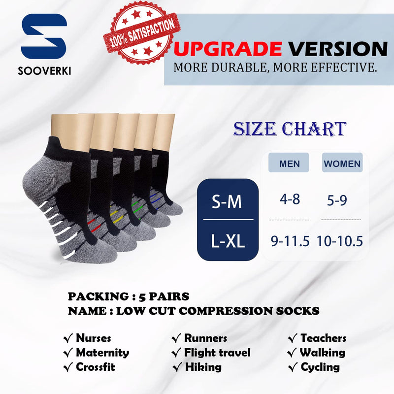 Ankle Compression Socks for Women and Men Circulation, Low Cut Running Socks Best for Plantar Fasciitis Athletic Cycling 01 Black No Show - 5 Pairs Small-Medium - BeesActive Australia