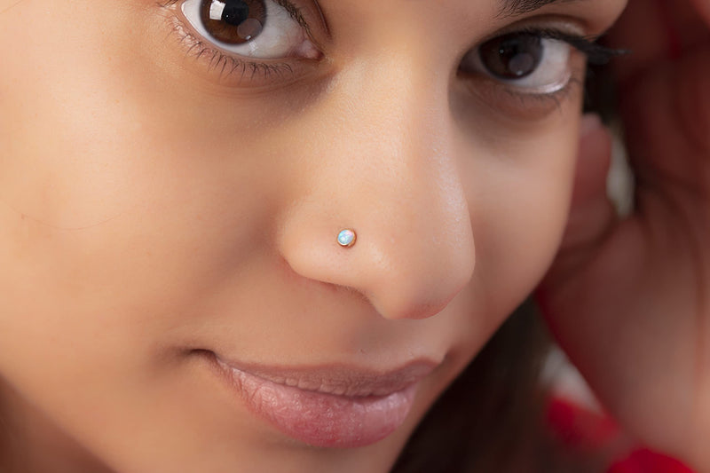 14K Gold Filled Nose Stud - Simple 22 Gauge L-Shape Nose Stud With Light Blue Opal - Unique Gold Nose Pin - Handmade Body Jewelry for Women Men - Unisex Nose Piercings - BeesActive Australia