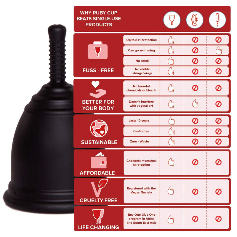 Ruby Cup - Reusable Menstrual Cup - Small (Light Flow) - Black - Includes Cup Donation. Perfect for Beginners. Safe, Convenient & Eco-Friendly. Reliable Alternative to Tampons & Sanitary Towels S (Pack of 1) - BeesActive Australia