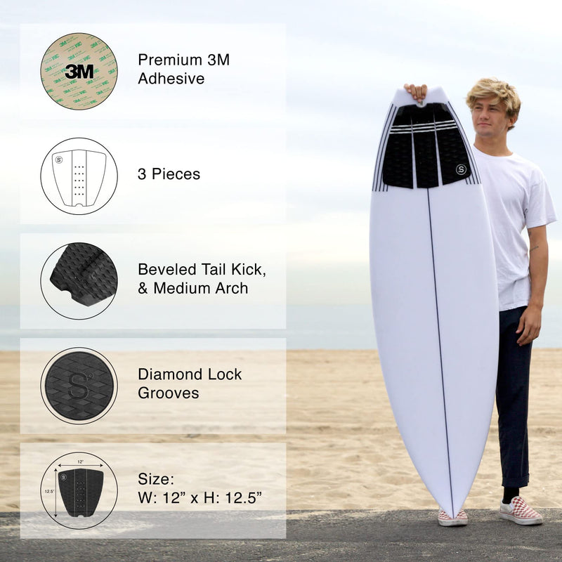 Sympl Surfboard Traction Pad  3 Piece Deck Pad for Surfing, Skimboarding  Maximum Grip  3M Adhesive  Fits Surfboards, Skimboard, Longboard, Fish [Black[ - BeesActive Australia