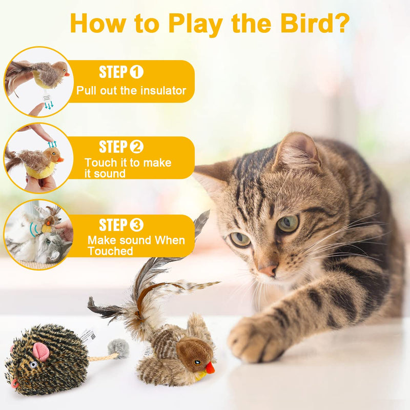 2 Pack Cat Toys for Indoor Cats Interactive Feather Toy Chirping Birds Squeaking Pet Toys Animal Sound Melody Chaser Mouse Squeak Kitten Toy for Boredom - BeesActive Australia