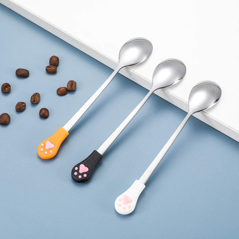 6 Pieces Dog Cat Can Food Spoon Pet Stainless Steel Food Spoon with Cute Cat Claw Silicone Handle (White, Black, Orange) - BeesActive Australia