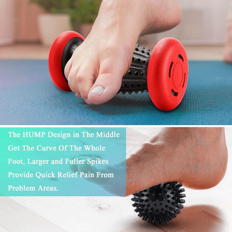 HOFASON Foot Roller Massage Ball for Plantar Fasciitis Relief, Foot Arch Pain, Myofascial Pain and Body Muscle Pain, Foot Massager Reflexology Tool, 1 Foot Massage Roller & 2 Spiky Balls (Black Red) Black Red - BeesActive Australia