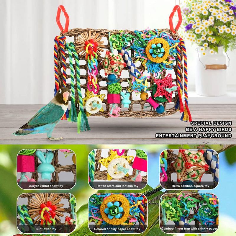 YIXUND Bird Toys Bird Foraging Toys for Parakeets Cockatiel Conures Lovebirds Bird Foraging Shredding Seagrass Wall with Various Toys for Birds - BeesActive Australia