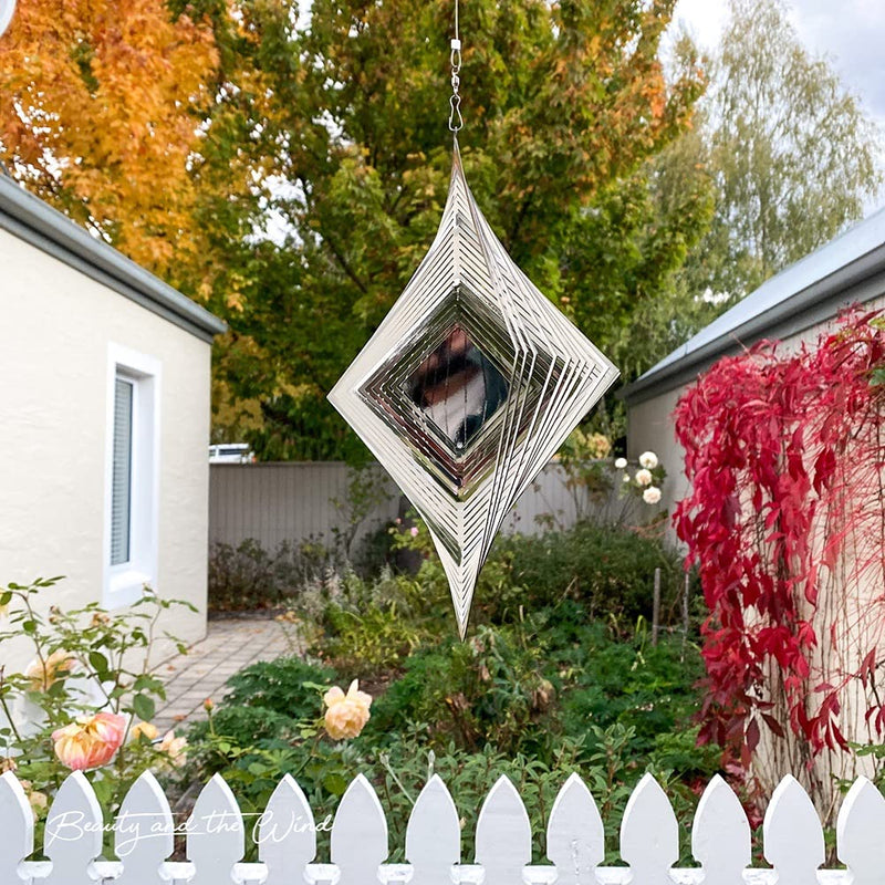 Beauty and the Wind Wind Spinner Metal Garden Spinners Outdoor Garden Art for Backyard Outdoor Hanging Decor and Spinners for Yard and Garden Ornaments 3D Shape (Silver Diamond) - BeesActive Australia