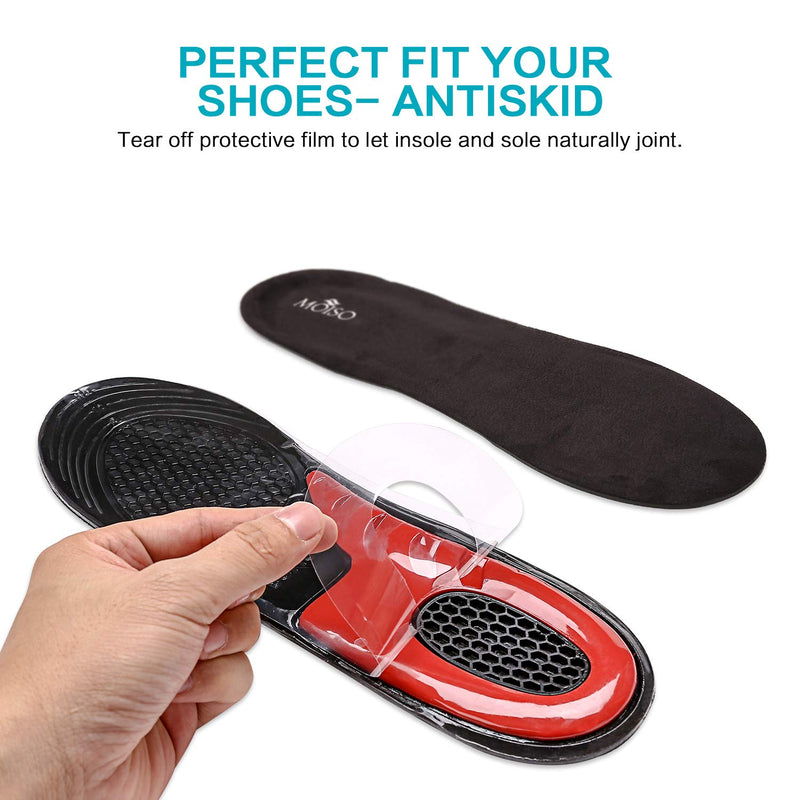 MOISO GEL Sports Work Comfort Trimmable Insoles for Shock Absorption, Inserts for Running Shoes Work Boots Trainers, Relieve Foot Pain for Men & Women, Black, UK-L: 8-12 9-11.5 UK Women / 8.5-12 UK Men - BeesActive Australia