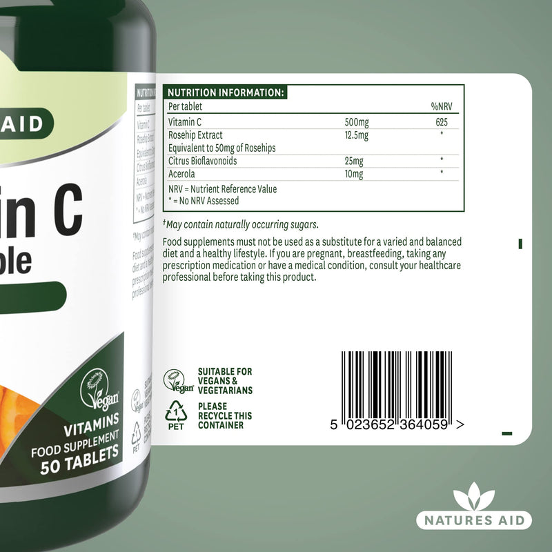 Natures Aid Chewable Vitamin C 500 mg, Sugar Free, Suitable for Vegans, 50 Tablets - BeesActive Australia