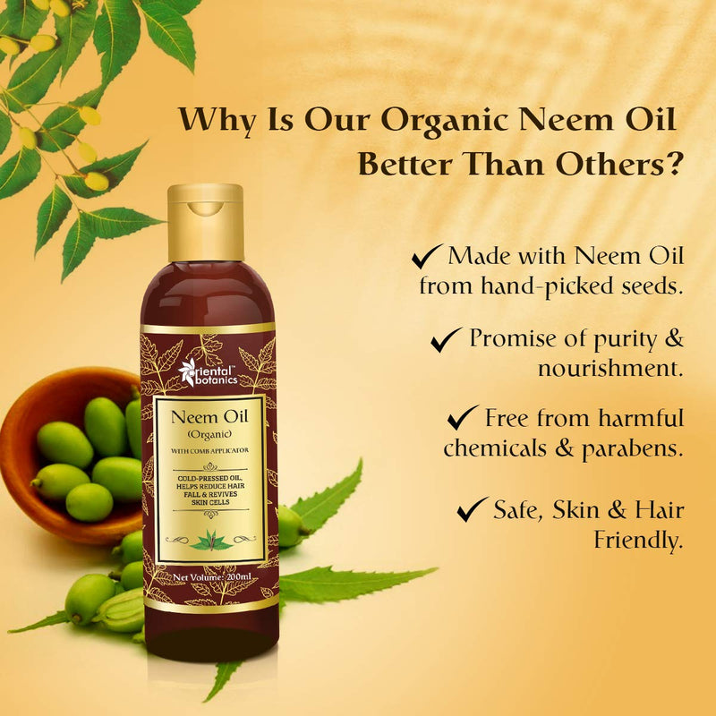 Oriental Botanics Organic Neem Oil 200ml for Hair and Skin Care - With Comb Applicator - Pure Oil with No Mineral Oil, Silicones - BeesActive Australia