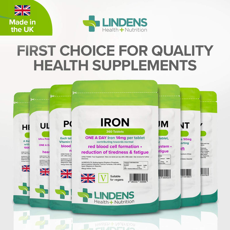 Lindens Iron 14mg Tablets - 360 Vegan Tablets - Reduce Tiredness, Increase Energy | Creates Healthy Red Blood Cells, Normal Oxygen Transportation | Made in The UK | (12 Months Supply) - BeesActive Australia