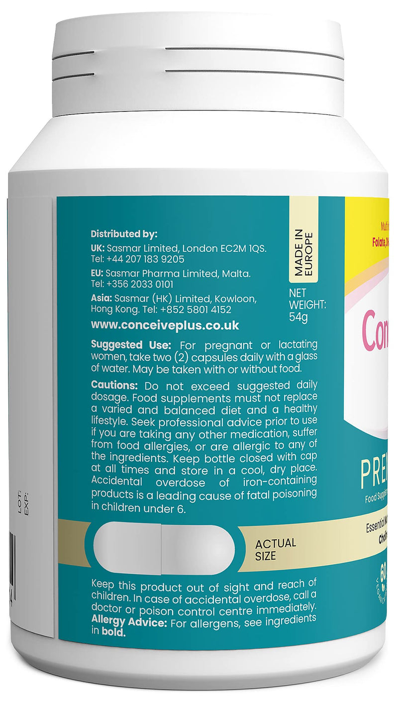 Conceive Plus Prenatal - Multivitamin + DHA, Choline, Folate. Non GMO Supplement During Pregnancy, 30 Days Supply, 60 Caps - BeesActive Australia