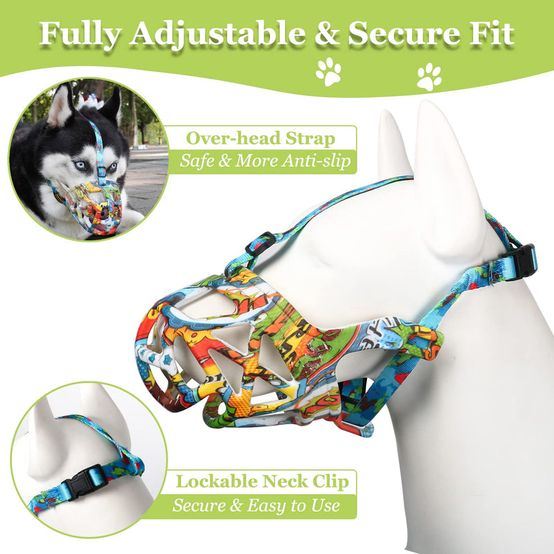 Dog Muzzle, Printed Basket Muzzle for Small Medium Large Dogs Dachshund, Beagle, German Shepherd, Breathable Pet Muzzles to Prevent Biting Chewing Scavenging Graffiti M-(Snout 10¼’’-11¾’’) - BeesActive Australia