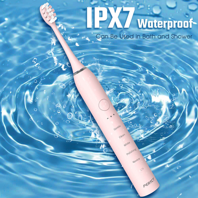 PERECT Ultrasonic Electric Toothbrush Adults with 6 Brush Heads, 5 Modes Electric Toothbrush, Travel Rechargeable Power Toothbrush with Smart Timer &Travel Case & Soft Picks, IPX7 Waterproof, Pink Light Pink - BeesActive Australia