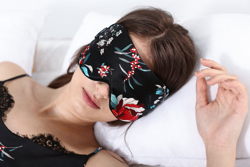 CHAMO POMEO 100 Silk Sleep Mask & Blindfold, Smooth Women Floral Eye Mask 4.7x9.8 Inches (black) black - BeesActive Australia