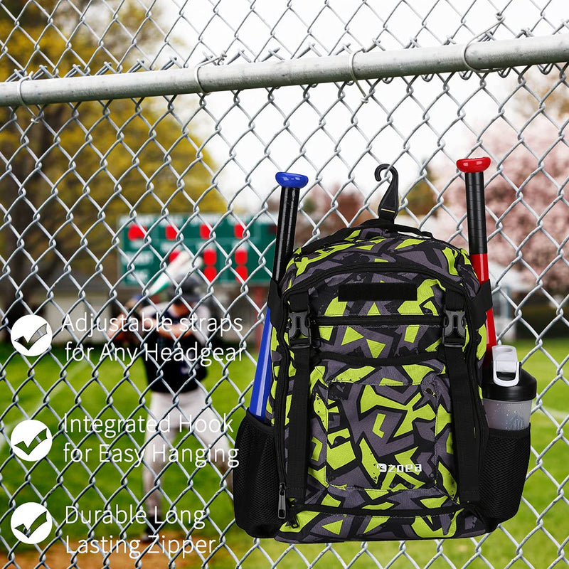 ZOEA Youth Baseball Bat Bag Backpack, T-Ball & Softball Equipment & Gear for Youth, Large Capacity Holds 2 Bats, Helmet, Gloves, Cleats, Helmet Holder and Includes Fence Hook Green - BeesActive Australia