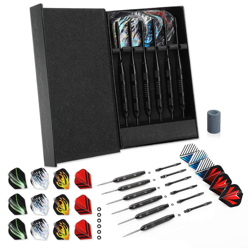 [AUSTRALIA] - LARRITS Professional 6 Pack 23 Grams Steel Tip Darts Set with Black Aluminum Shafts 9pc Standard Flights 9pc Laser Flights 12pc Rubber O-Rings Dart Sharpener and Storage Case 