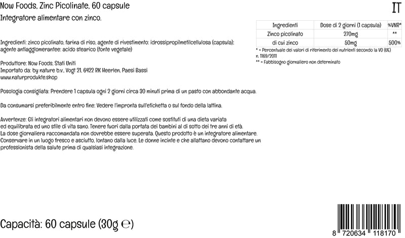 Now Foods, Zinc Picolinate, 50mg, High Dose, 1 Capsule Every 2 Days, 60 Vegan Capsules, Lab-Tested, Gluten Free, SOYA Free, Non-GMO, Vegetarian - BeesActive Australia