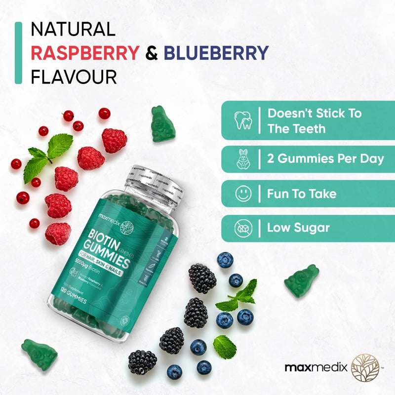 Biotin Gummies 5000mcg - with Vitamin A, B, C, D, E & Selenium � 120 Hair Nails and Skin Vitamins Gummies � Natural Berry Flavour Vitamin B7 Gummies- Lab-Tested Biotin Hair Growth Gummies - BeesActive Australia
