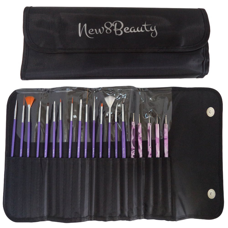 Nail Art Brushes, Dotting Pens Marbling Detailing Painting Striping Tools 20pc Kit Set with Roll-Up Pouch - Best for nail art and facial detailed painting - FREE eBook with Design Idea Purple - BeesActive Australia