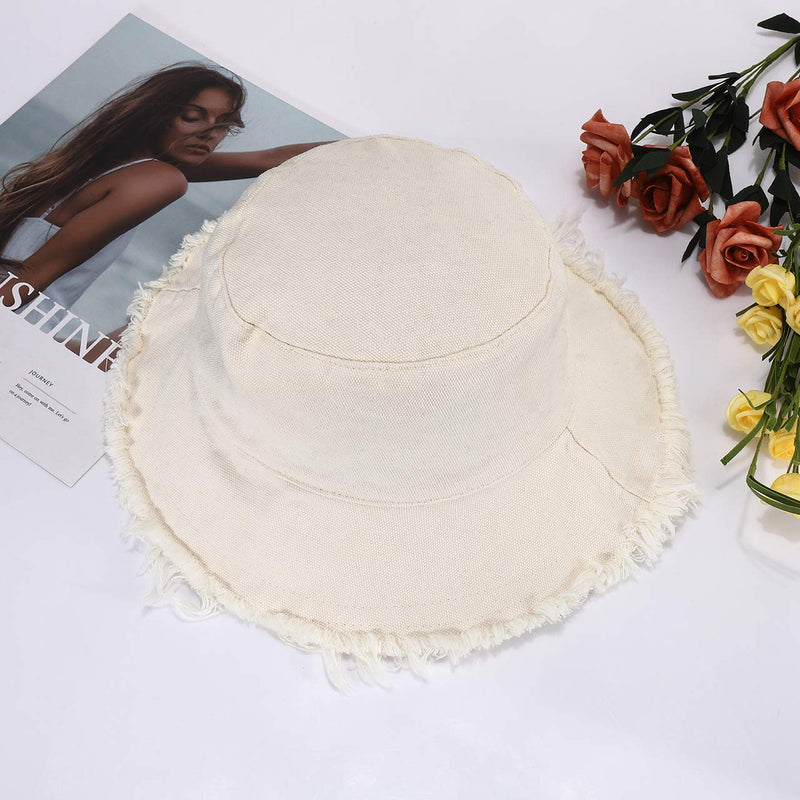 boderier Sun Hats for Women Summer Casual Wide Brim Cotton Bucket Hat Beach Vacation Travel Accessories Beige - BeesActive Australia