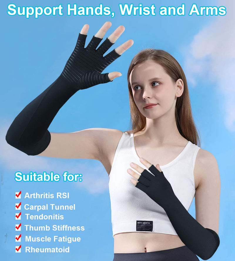 Copper Long Arthritis Gloves,Long Wrist Compression Arm Sleeve Carpal Tunnel Gloves, Fingerless Hand Compression Gloves for Men Women Computer Typing, RSI, Support Hands Wrist &Arms - 1 PAIR (Medium) Medium Black - BeesActive Australia