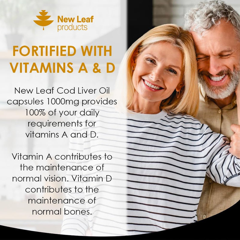 Cod Liver Oil Capsules 1000mg - 90 Cod Liver Capsules High Strength Softgels- Cod Liver Oil Rich in Omega 3 EPA DHA Fatty Acids + Vitamins A & D, High Strength Fish Oil - UK Made, by New Leaf - BeesActive Australia