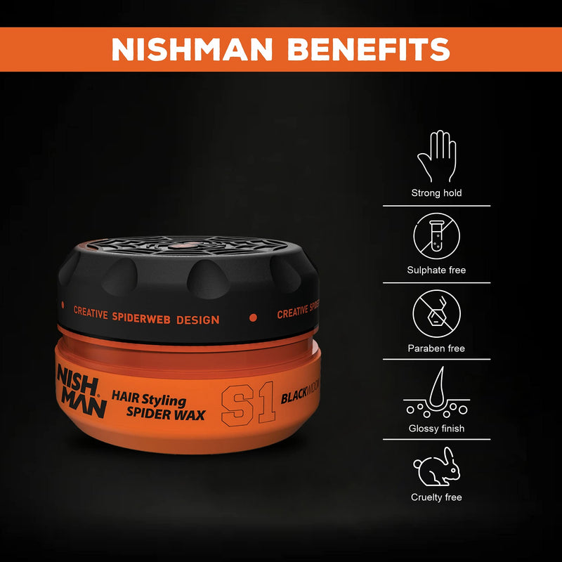 Nish Man Spider S1 Black Widow Wax Series Water Based Men’s Hair Styling Natural Shine Ultra Strong Hold Nishman Wax 150 ml (S1 Black Widow) - BeesActive Australia