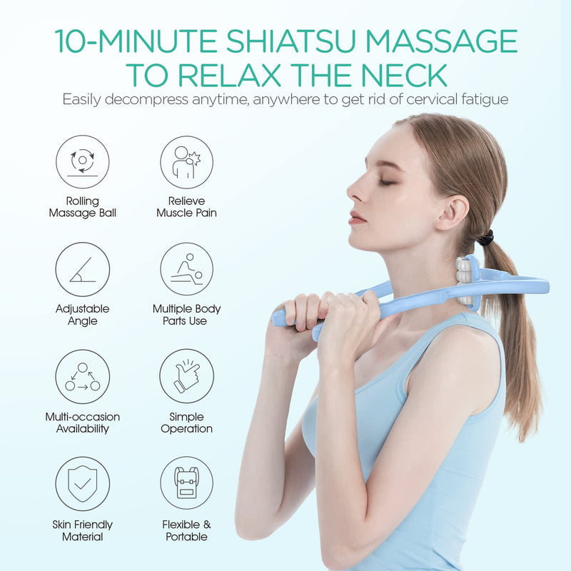 VOYOR Neck Massager Roller, Handheld Neck Massager for Neck Pain Shoulder Legs Muscle Relief, Deep Tissue Shiatsu Massage with 8 Pressure Trigger Point Balls, Lightweight & Portable MS410 (Blue) - BeesActive Australia