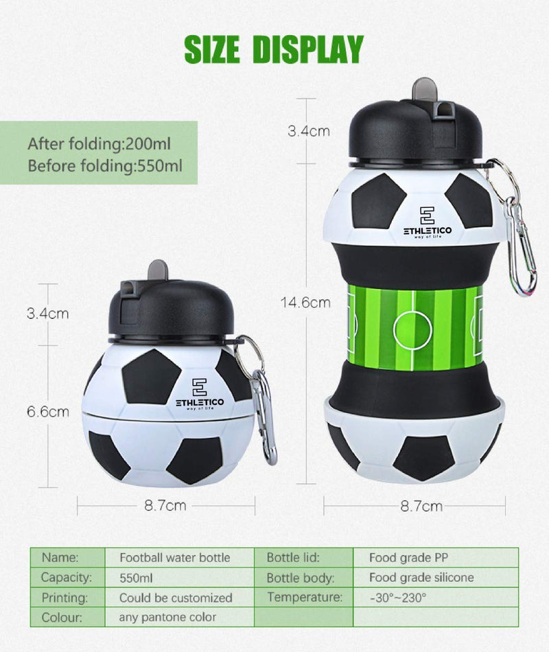 ETHLETICO Collapsible Water Bottles with Carabiner Food Grade Sports Water Bottle for Gift Kids Folding Water Bottle for Hiking, GYM, School, Sports and Travelling 19Oz/550ml BPA Free (Soccer) Soccer Ball - BeesActive Australia