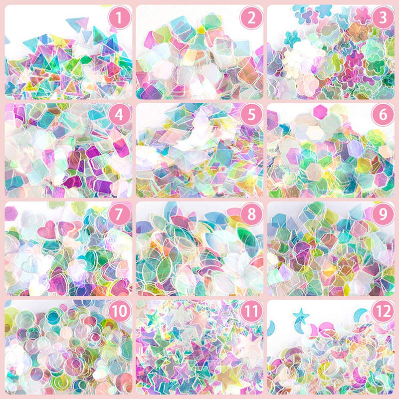 Mermaid Nail Glitter Flakes Sequins - Decorations Accessories Nail Art Glitters for Acrylic Nails Designs Holographic Iridescent Shaped Nail Decor for Make Up Body Face Hair Eye Decor - 12 Shapes - BeesActive Australia