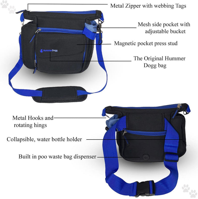 HummerDogg Dog Treat Bag with 15 Dog Poo Bags - Blue Dog Walking Bag - Adjustable Strap Dog Travel Bag with Bamboo Charcoal Odour Bag 7.5 x 2 x 9.8 inches - Neoprene Dog Treat Pouch with Bottle Holder - BeesActive Australia