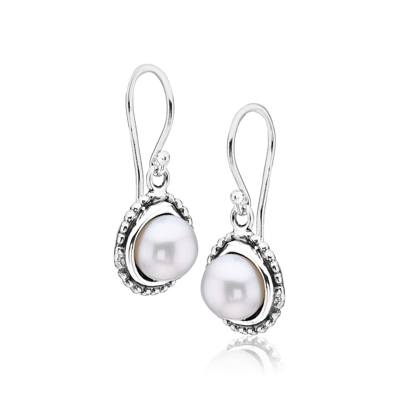 925 Sterling Silver Dangle Drop Earrings w/Freshwater Pearl Nested in Beaded Bezel Antique Finish, Stylish, Hypoallergenic, Nickel & Lead-free, June Birthstone, French Wire Back, Made In Israel - BeesActive Australia