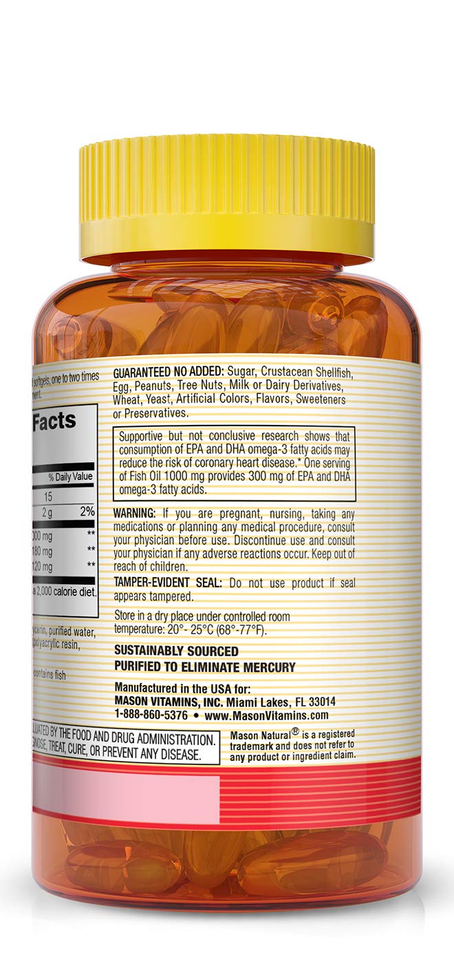 Mason Natural, Omega-3 Fish Oil, 1000 Mg, 90 Softgels, Dietary Supplement with Omega Fatty Acids from Fish Oil, Supports Heart and Joint Health - BeesActive Australia