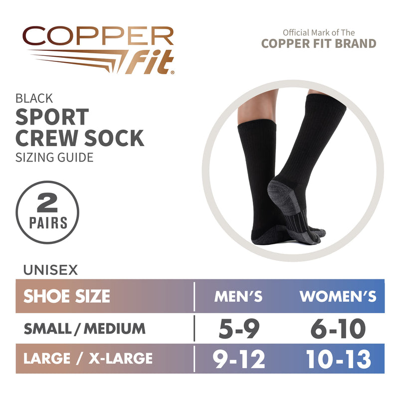 Copper Fit Unisex Crew Length Sport Socks, 2 Pair Small-Medium Black - BeesActive Australia
