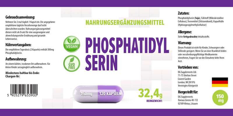 Phosphatidylserine 150mg 120 Vegan Capsules, Certificate of Analysis by AGROLAB Germany, High Strength Supplement, Gluten and GMO Free - BeesActive Australia