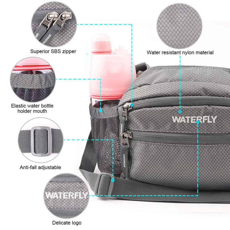 [AUSTRALIA] - WATERFLY Fanny Pack with Water Bottle Holder Hiking Waist Packs for Walking Running Lumbar Pack fit for iPhone iPod Samsung Phones Grey 