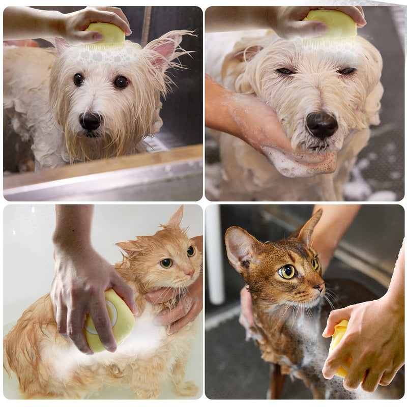 Dog Bath Brush, Pet Massage Brush Shampoo Dispenser, Soft Silicone Brush Rubber Bristle for Dogs and Cats Shower Grooming (Yellow) Yellow - BeesActive Australia