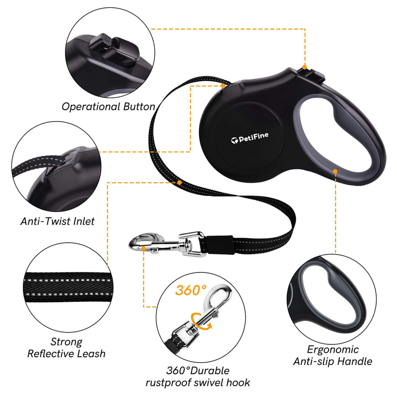 PetiFine Retractable Dog Leash with Dispenser and Poop Bags, 10FT/16FT Heavy Duty Reflective Walking Pet Leash for X-Small/Small/Medium/Large Breed Dogs or Cats up to 110 lbs, Tangle-Free Small-16ft- 20 bags Black - BeesActive Australia