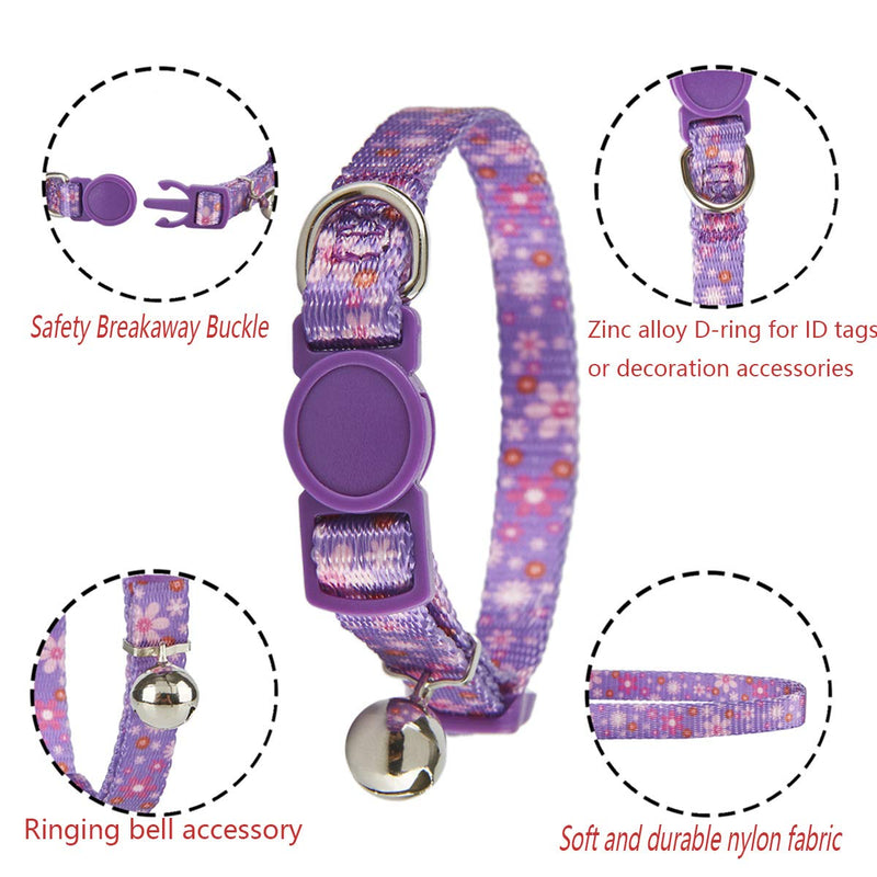 Ewinoom Adjustable Cat Collars Pack of 2 Breakaway Floral Cute Cat Collar with Bell for Female Kitten Neck 7.5"-11.4" Floral Pink + Purple - BeesActive Australia
