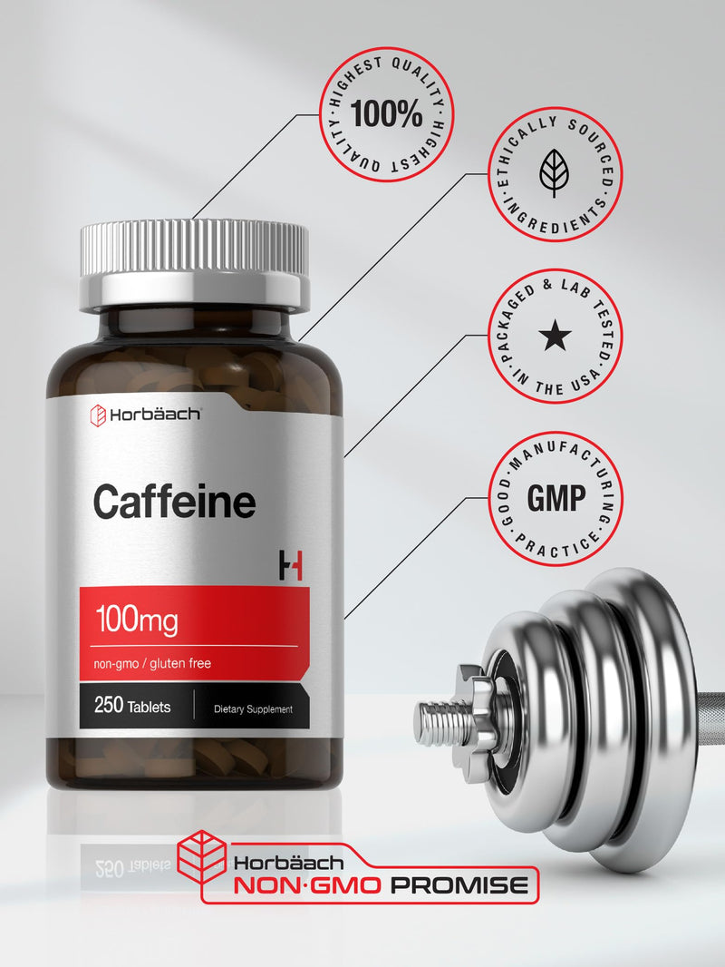 Caffeine Pills 100mg | 250 Tablets | Vegetarian Formula | Non-GMO, Gluten Free Supplement | by Horbaach - BeesActive Australia
