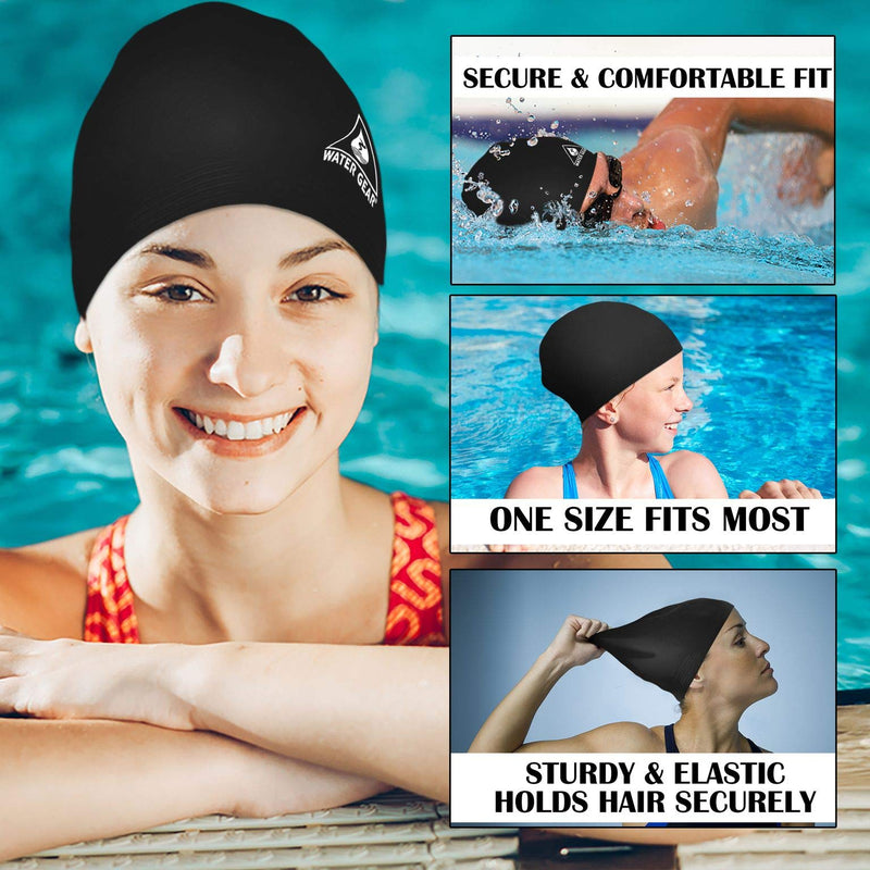 Water Gear Latex Adult Swim Cap - Durable and Flexible Unisex Non-Waterproof - Great for Short and Long Hair - Improve Your Performance - Triathlon Swimmers and Athletes BLACK - BeesActive Australia