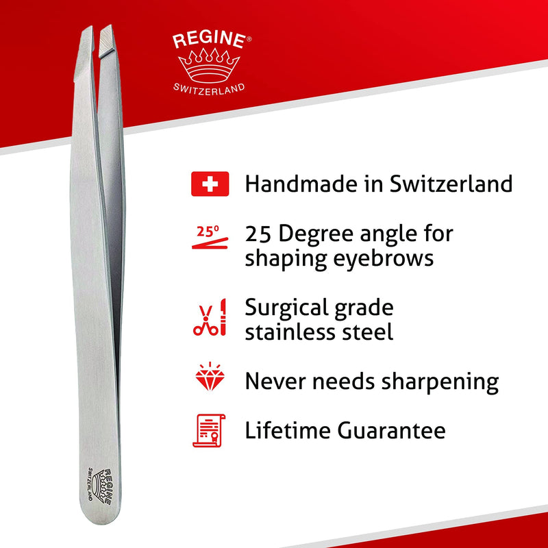Regine Switzerland Slant Tweezer - Handmade in Switzerland - Professional Eyebrow, Facial & Hair Remover - Etched Interior Tip to Grab Hair From the Root - Perfectly Aligned Tips - Stainless Steel Silver - BeesActive Australia