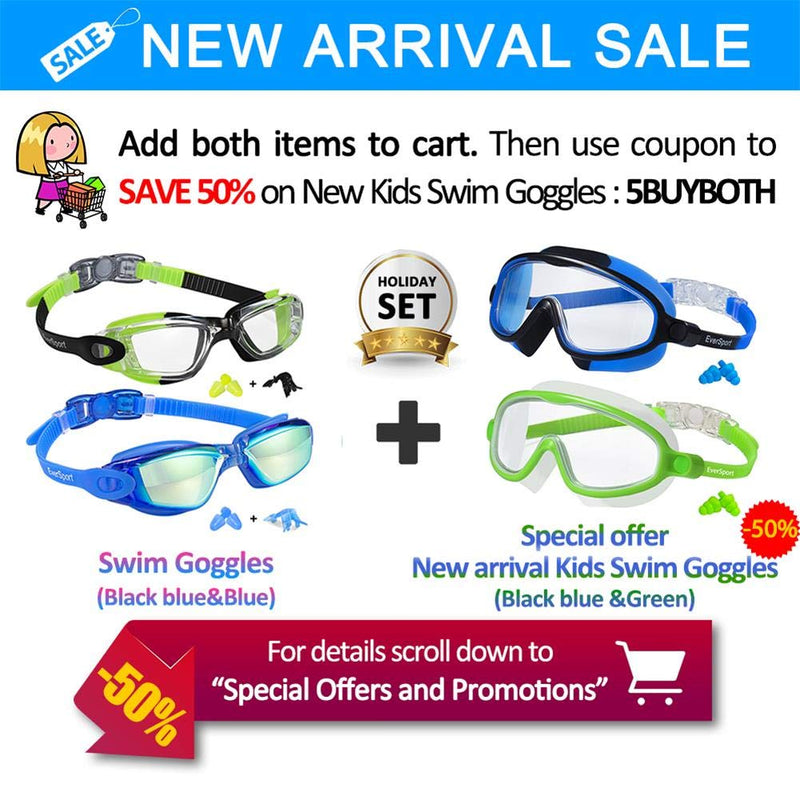 [AUSTRALIA] - EverSport Kids Swim Goggles, Pack of 2 Kids Swimming Goggles, Crystal Clear Swimming Goggles for Children and Teens, Anti-Fog Anti-UV Youth Swim Glasses, Leak Proof, Soft Silicone Frame, for 4-16 Y/O Green/Black & Mirrored Blue 