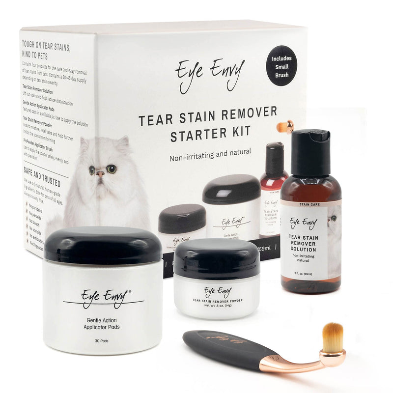 Eye Envy Cat Tear Stain Remover Starter Kit with ProPowder Brush | Stain Solution, Applicator Pads, Stain Powder and Applicator Brush | Lasts 30-45 Days Small Brush - BeesActive Australia