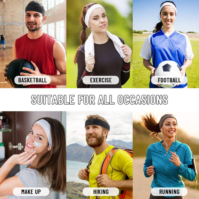 Tanluhu Sweatbands Sport Headbands/Wristbands for Working Out, Exercise, Tennis, Basketball, Running - Terry Cloth Athletic Sweat Cotton Headband Outdoor for Men & Women B-6-Black+White+Gray - BeesActive Australia