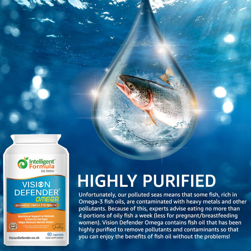 VISION DEFENDER OMEGA Eye Supplement - High Strength 1000mg Pure Omega-3 Fatty Acids Fish Oil (400mg EPA, 200mg DHA per capsule) + Vitamin E - Eye Care & Relief for Dry Eyes - (60 Softgels) Made in UK - BeesActive Australia