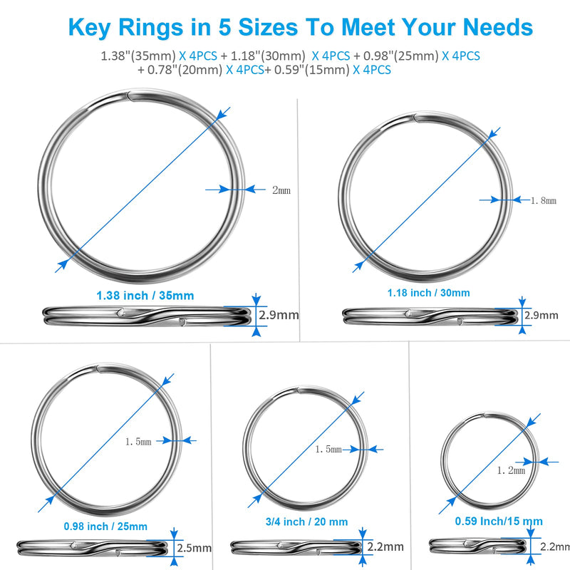 YHYZ Split Key Ring Circle Assorted, Round Keyring Durable 5 Sizes (1/2 inch, 3/4 inch,1 inch, 1.25 inch, 1.38 inch) Sliver Alloy Steel - BeesActive Australia