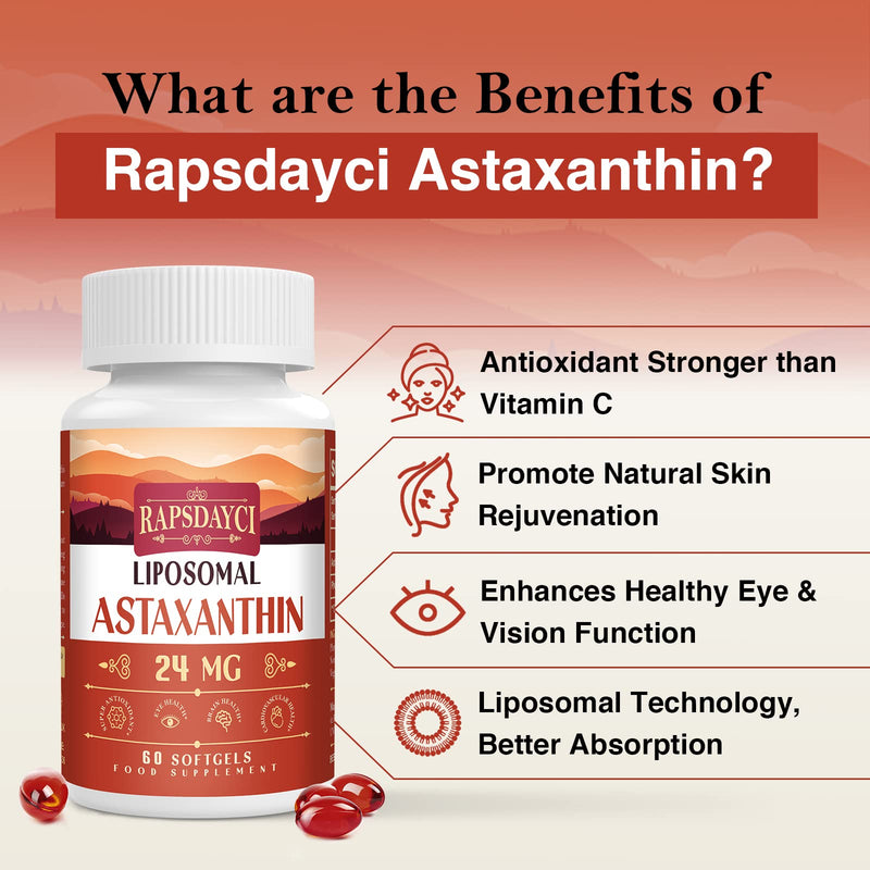 Liposomal Astaxanthin Supplement 24mg Per Serving, Powerful Antioxidant Formula Than VIT C, Eye & Immune Health Support, Superior Absorption (60 Count (Pack of 1)) 60 Count (Pack of 1) - BeesActive Australia